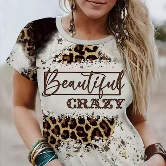 Vintage Letter & Leopard Print T-Shirt, Retro Style Crew Neck Short Sleeve - Picture 1 of 4